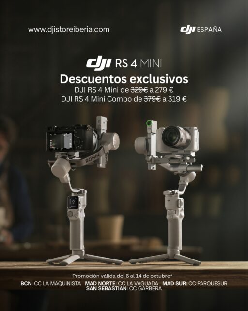 ¡Estabilización profesional al alcance de tu mano con descuentos exclusivos! 🎥✨

Lleva tus producciones al siguiente nivel con el estabilizador DJI RS 4 Mini y aprovecha estas increíbles ofertas: 

DJI RS 4 Mini: llévatelo por solo 279 € (precio regular 329 €). 
DJI RS 4 Mini Combo: consíguelo por 319 € (precio regular 379 €). 

⏳ Promoción válida del 6 al 14 de octubre. 
📍 Encuentra tu estabilizador ideal visitando nuestras tiendas físicas:

Madrid Norte: Centro Comercial La Vaguada 
Madrid Sur: Centro Comercial Westfield Parquesur 
Barcelona: Centro Comercial Westfield La Maquinista 
Donostia / San Sebastián: Centro Comercial Garbera 

🌐 También puedes realizar tu compra en línea en: www.djistoreiberia.com

#DJI #DJIRS4Mini #Estabilizador #Ronin #CreadoresDeContenido #Videografia #Filmmaking #DJIStoreIberia #OfertasTech