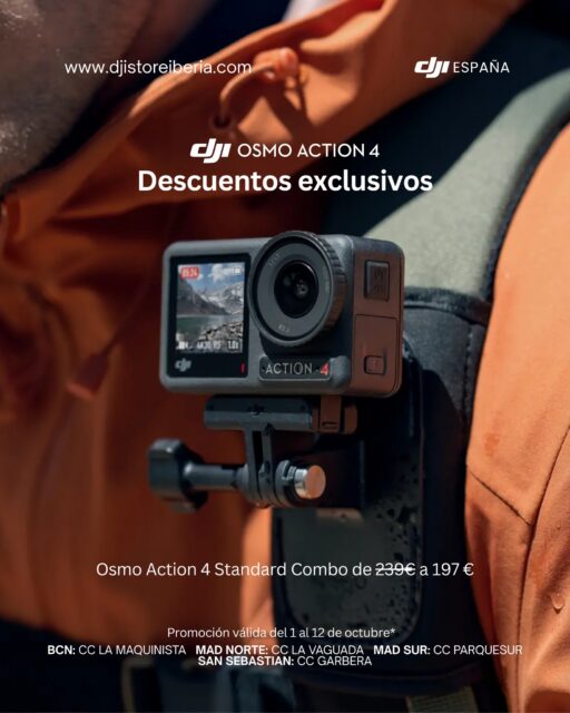 ¡Prepárate para la acción con nuestros descuentos exclusivos! 🎬🏃‍♂️Captura tus mejores aventuras con la máxima calidad y estabilidad que te ofrece la DJI Osmo Action 4. 

Aprovecha esta oportunidad perfecta para actualizar tu equipo y llévate el Osmo Action 4 Standard Combo por solo 197 € (precio regular 239 €). 

⏳ Promoción válida del 1 al 12 de octubre. 

Te esperamos en nuestras tiendas físicas para que adquieras la tuya:
📍 Madrid Norte: Centro Comercial La Vaguada 
 📍 Madrid Sur: Centro Comercial Westfield Parquesur 
 📍 Barcelona: Centro Comercial Westfield La Maquinista 
 📍 Donostia / San Sebastián: Centro Comercial Garbera 

 🌐 También puedes realizar tu pedido en línea: www.djistoreiberia.com 

 #DJI #OsmoAction4 #CamaraDeAccion #Aventura #DJIStoreIberia #OfertasTech #DeportesExtremos #CreadoresDeContenido