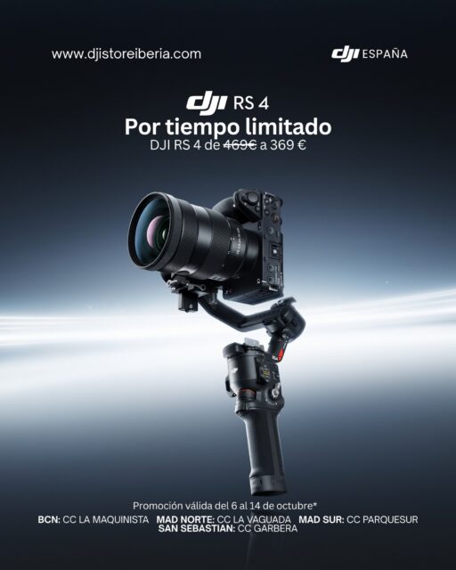 ¡Eleva la calidad de tus producciones con estabilización profesional! 🎬

Por tiempo limitado, aprovecha nuestra promoción especial en el DJI RS 4. Asegura tomas increíblemente fluidas para tus proyectos y llévatelo por solo 369 € (precio anterior 469 €). 

⏳ Promoción válida del 6 al 14 de octubre. 

📍 Te esperamos en nuestras tiendas físicas para que lo pruebes:

Madrid Norte: Centro Comercial La Vaguada 
Madrid Sur: Centro Comercial Westfield Parquesur 
Barcelona: Centro Comercial Westfield La Maquinista 
Donostia / San Sebastián: Centro Comercial Garbera 

🌐 Adquiérelo también en línea a través de nuestro sitio web: www.djistoreiberia.com

#DJI #DJIRS4 #EstabilizadorDeCamara #Filmmaking #Videografia #CreadoresDeContenido #DJIStoreIberia #OfertasTech